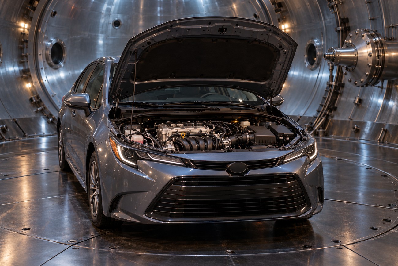 A gray Toyota Corolla with an open hood parked inside a large metallic vacuum chamber