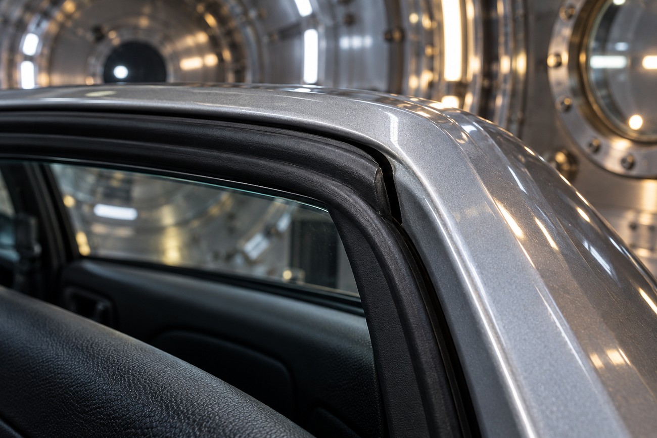 Close-up of a Toyota Corolla door frame and rubber seal inside an industrial vacuum chamber