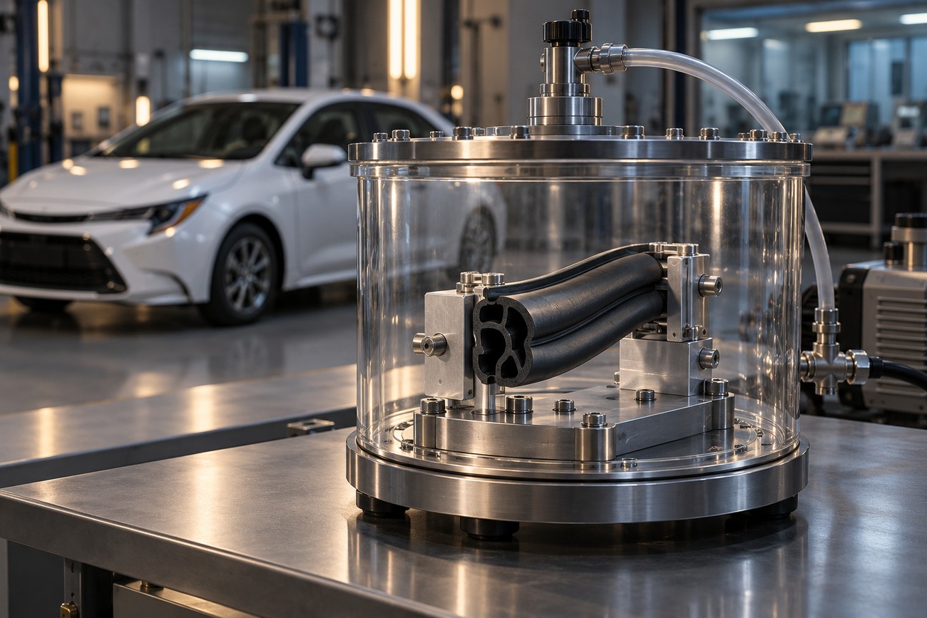 A clear vacuum chamber containing a rubber seal part with a white Toyota Corolla parked in the background
