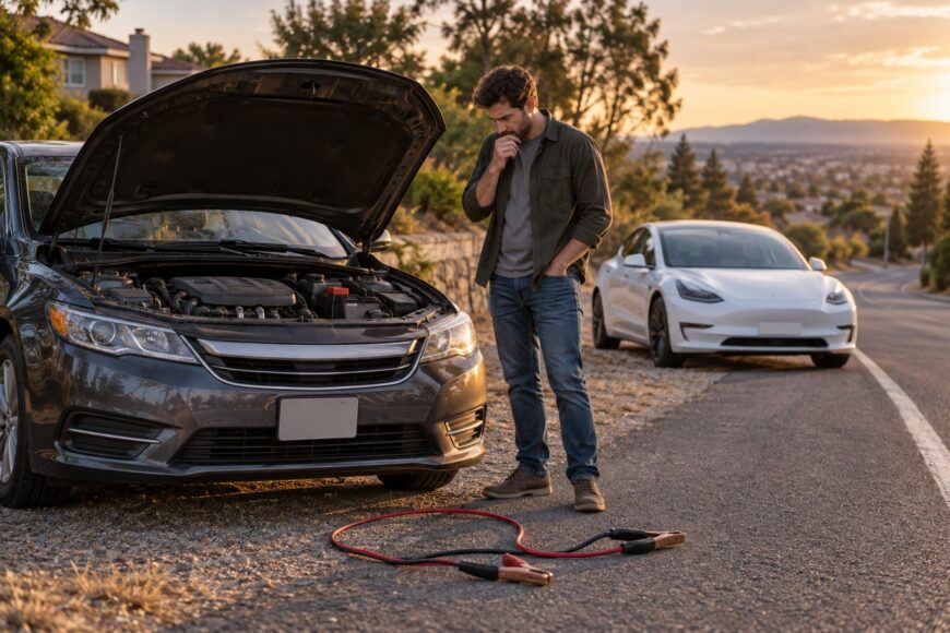 A frustrated man standing beside a gas car with an open hood and jumper cables on the road near a parked Tesla