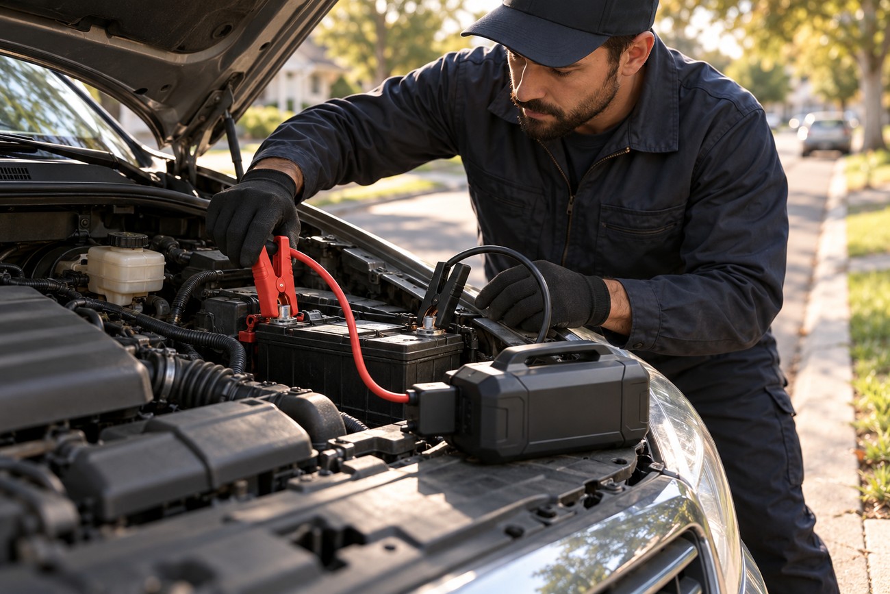 A mechanic in a cap attaches red jumper cables to a car battery under the open hood