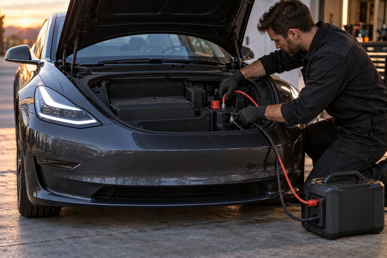 A mechanic in black uniform connecting jumper cables to the front compartment of a Tesla car