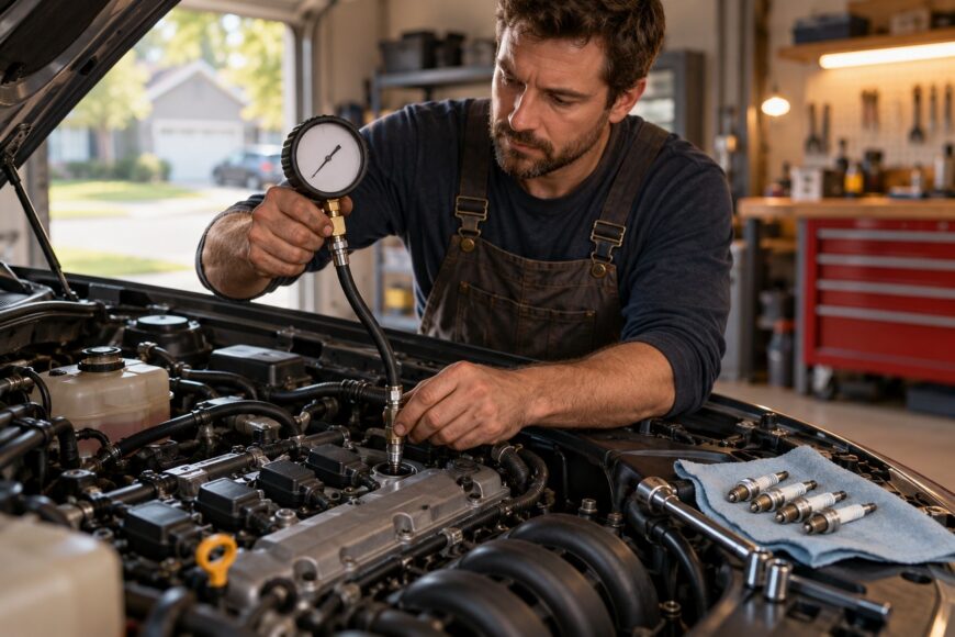 A mechanic in overalls holding a compression gauge while testing car engine pressure in a garage