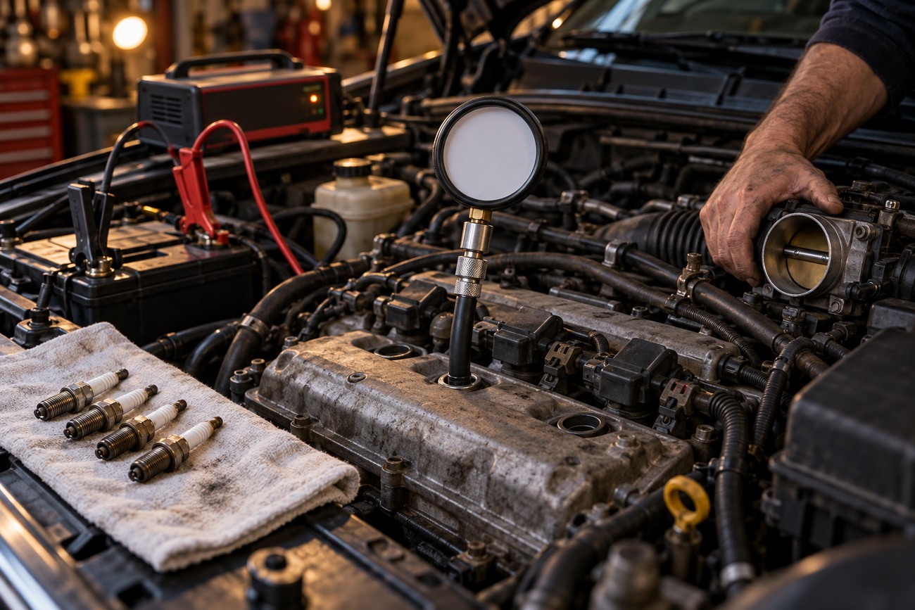 A mechanic using a compression gauge to test engine cylinders in a car engine bay with spark plugs on a towel