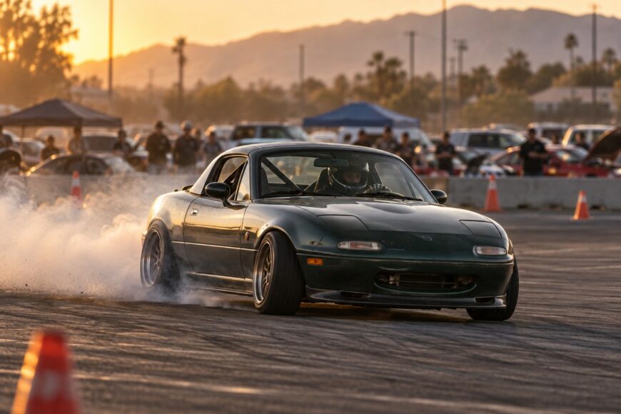 A dark green Mazda Miata drifting and creating thick tire smoke on an asphalt track during sunset