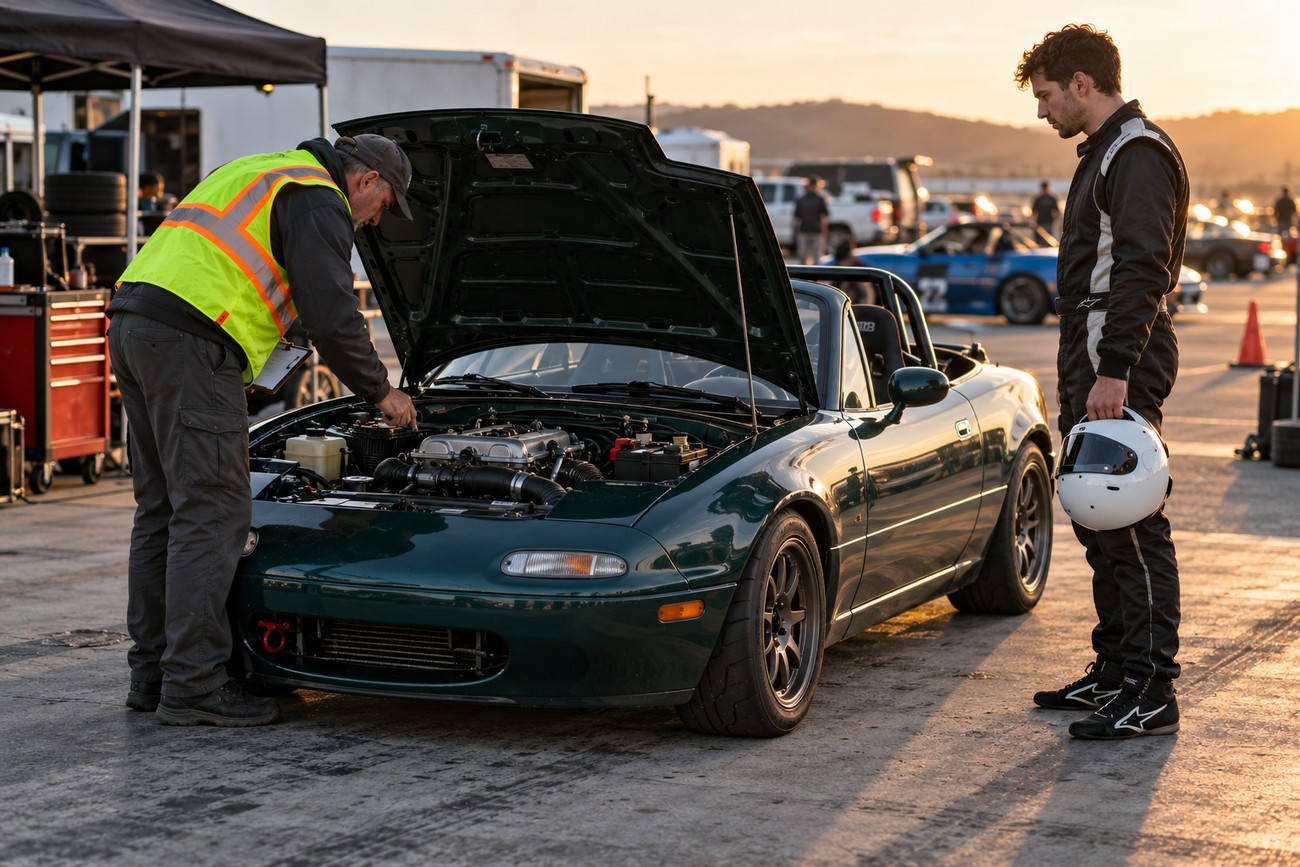 A driver in a race suit holding a white helmet stands next to a mechanic inspecting the open hood of a green Mazda Miata