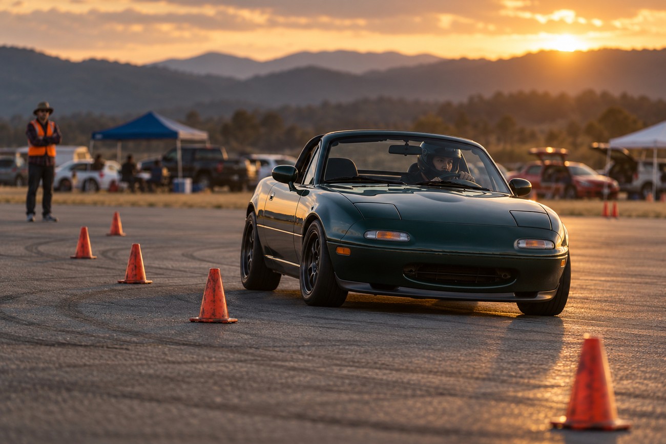 A dark green Mazda Miata driving past orange traffic cones on an asphalt track during a sunset drifting event