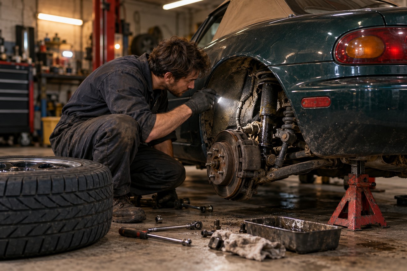 A mechanic wearing overalls inspects the muddy rear suspension of a green Mazda Miata with a flashlight in a garage