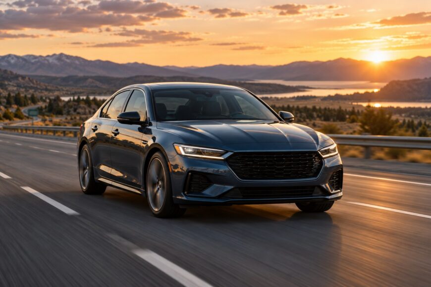 A dark modern sedan driving on an open highway surrounded by mountains during sunset
