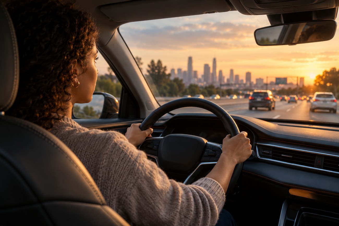 Woman driving a car on a highway toward a city skyline at sunset