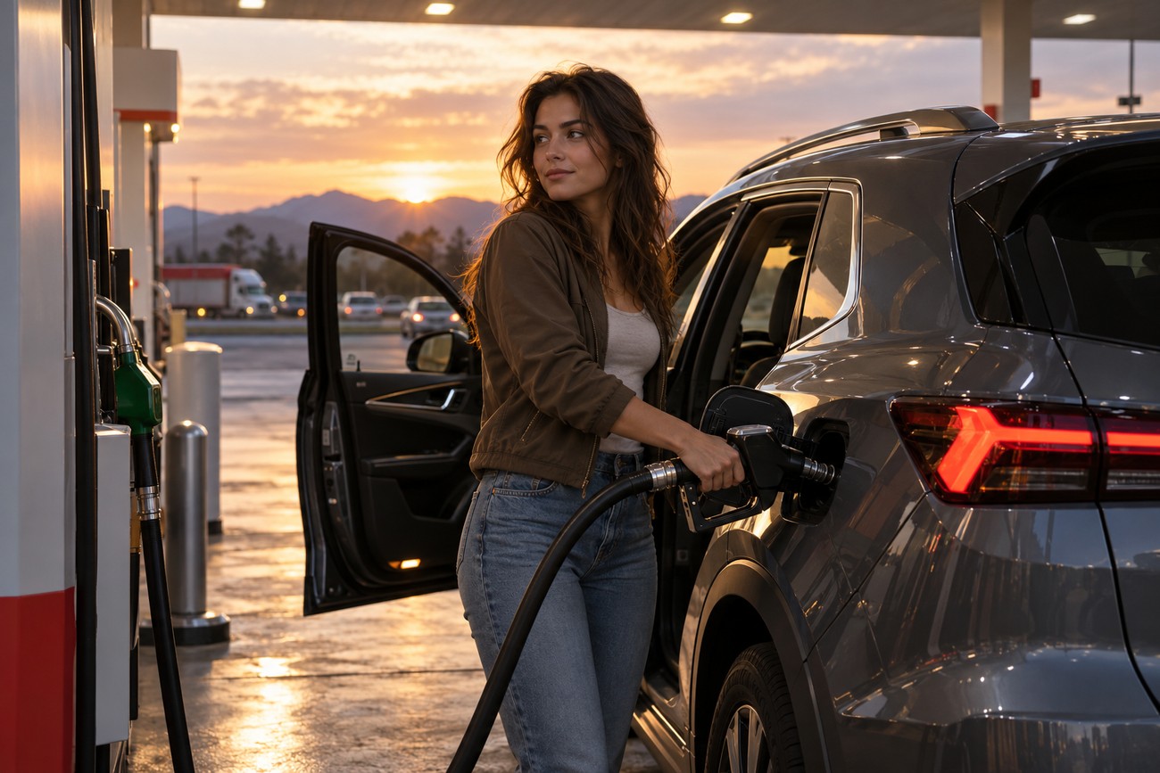 A smiling woman holding a fuel nozzle and filling up her gray SUV at a gas station during sunset