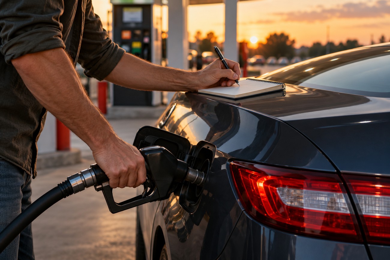 Driver holding a fuel nozzle in a car tank while writing calculations in a notebook on the trunk at a gas station