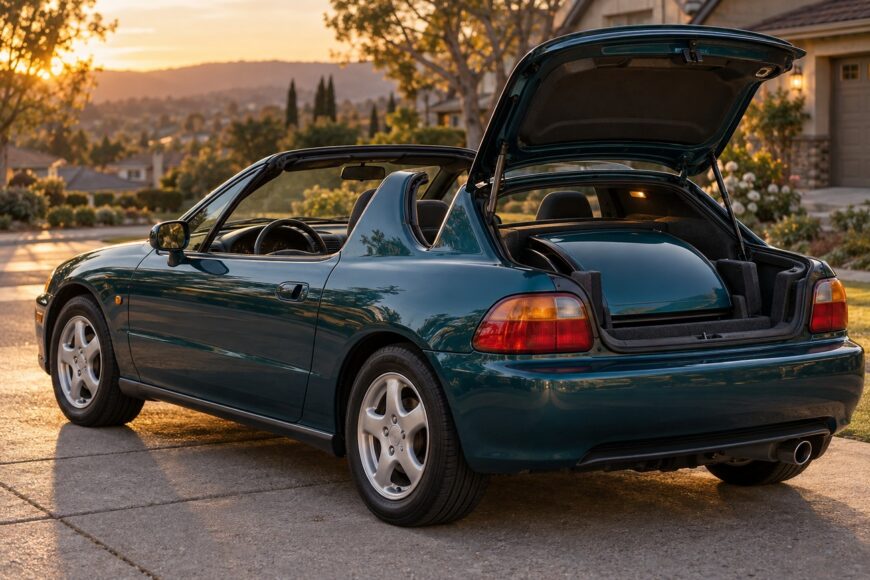 Dark green Honda Del Sol targa parked in a residential driveway with its trunk open showing the stored roof panel at sunset