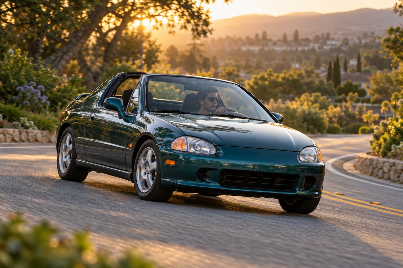 A man driving a dark green Honda Del Sol targa top along a winding road at sunset
