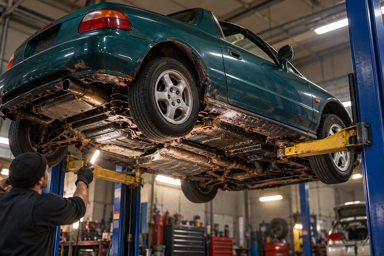 A mechanic holding a flashlight inspects the heavy rust under the chassis of a green Honda Del Sol raised on a hydraulic lift