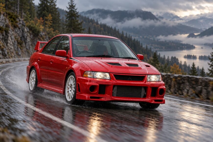Red Mitsubishi Lancer Evolution VI Tommi Makinen Edition driving on a wet winding mountain road with a lake and forest in the background