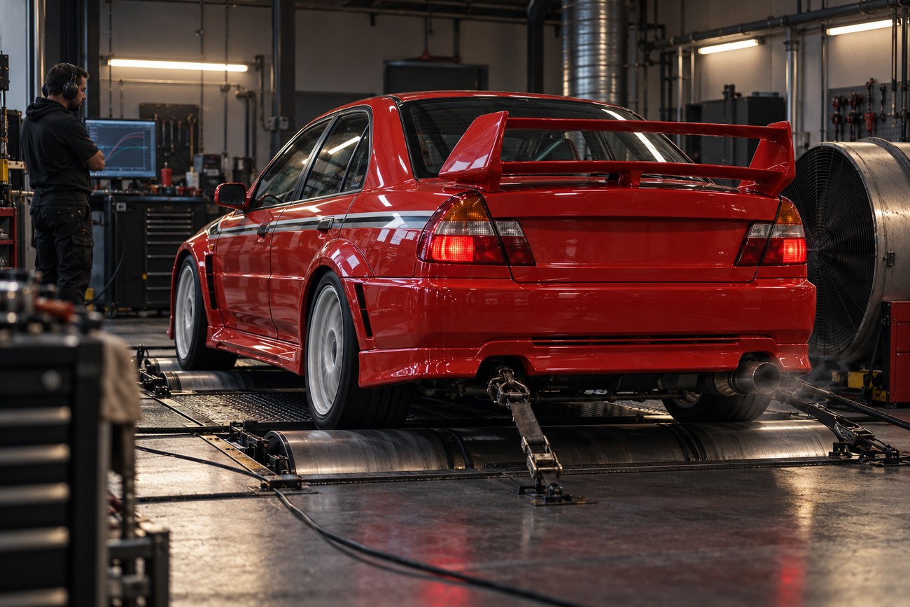 Bright red Mitsubishi Lancer Evo VI TME secured on dynamometer rollers in a professional tuning garage