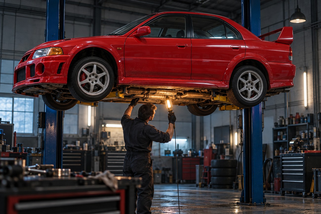 Mechanic holding a work light inspecting the undercarriage of a red Mitsubishi Lancer Evo VI TME raised on a hydraulic lift in a garage