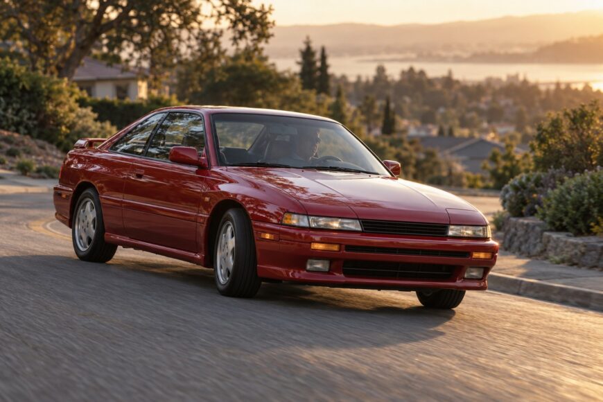 Red Mazda MX-6 turbo coupe driving down a curving road during golden hour sunset