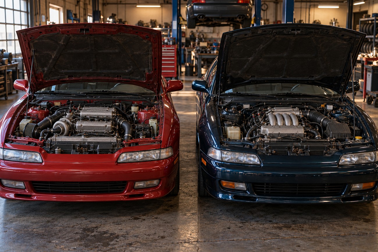 Two Mazda MX-6 turbo coupes parked side by side with open hoods inside a professional garage