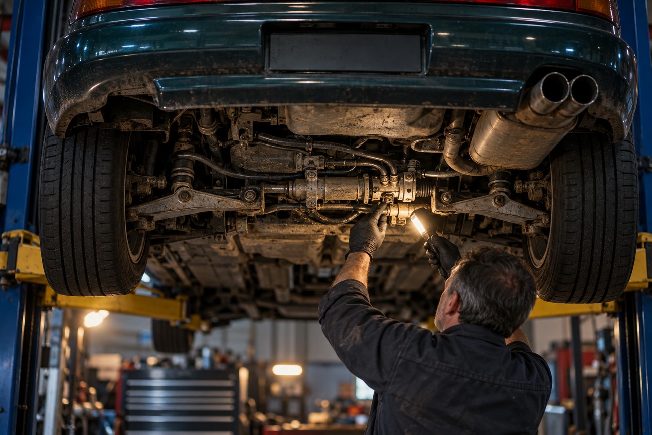 Mechanic in black gloves using a flashlight to inspect the rear suspension and four-wheel steering mechanism of a lifted Mazda MX-6 in a garage