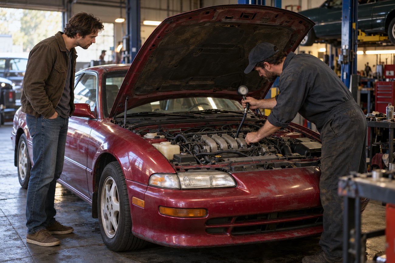 A mechanic in coveralls checks the engine of a red Mazda MX-6 turbo coupe with a diagnostic tool while the owner watches in a garage