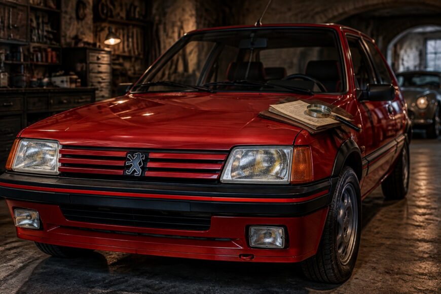 A red Peugeot 205 GTI 1.9 parked in a garage with verification documents and a magnifying glass resting on its hood