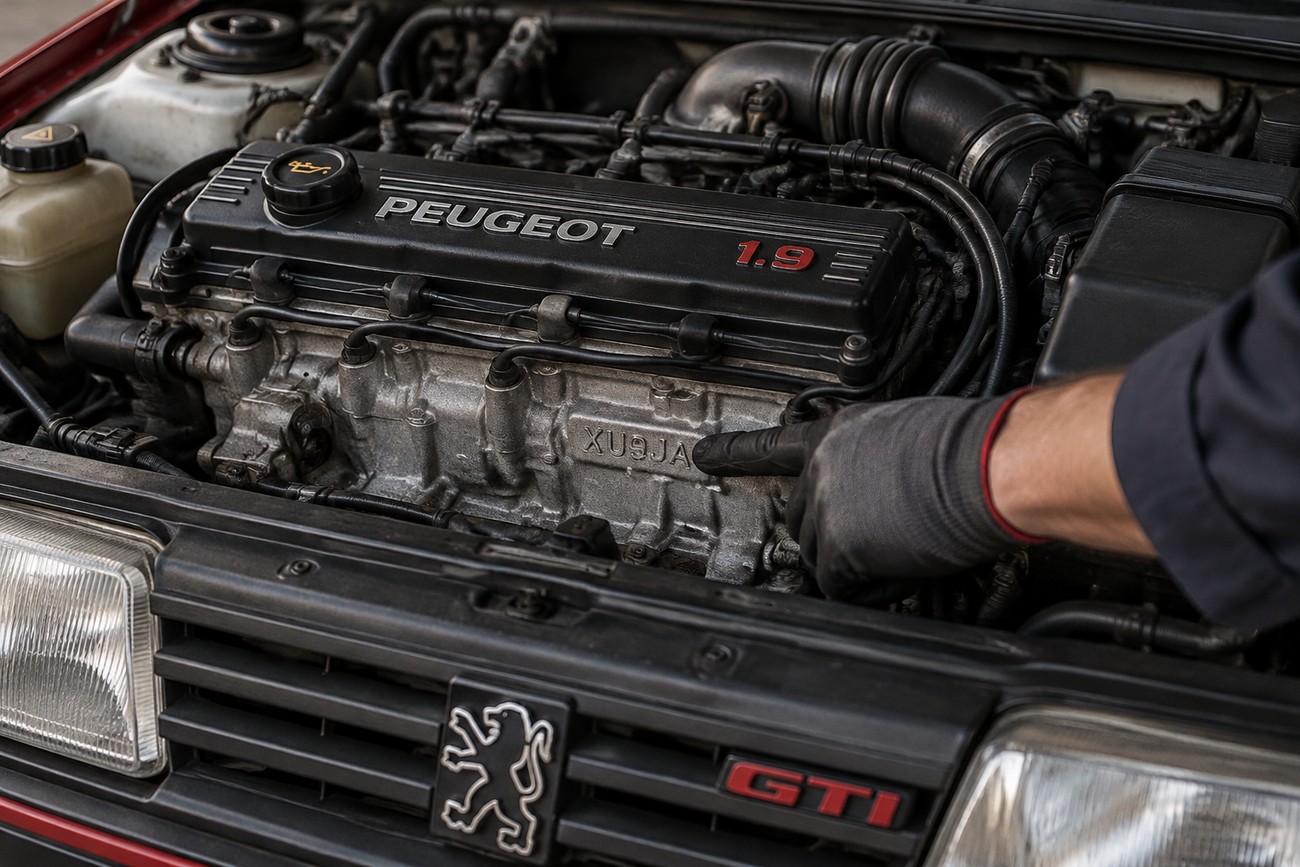 A mechanic in a black glove pointing at the XU9JA engine block code under the hood of a red Peugeot 205 GTI 1.9
