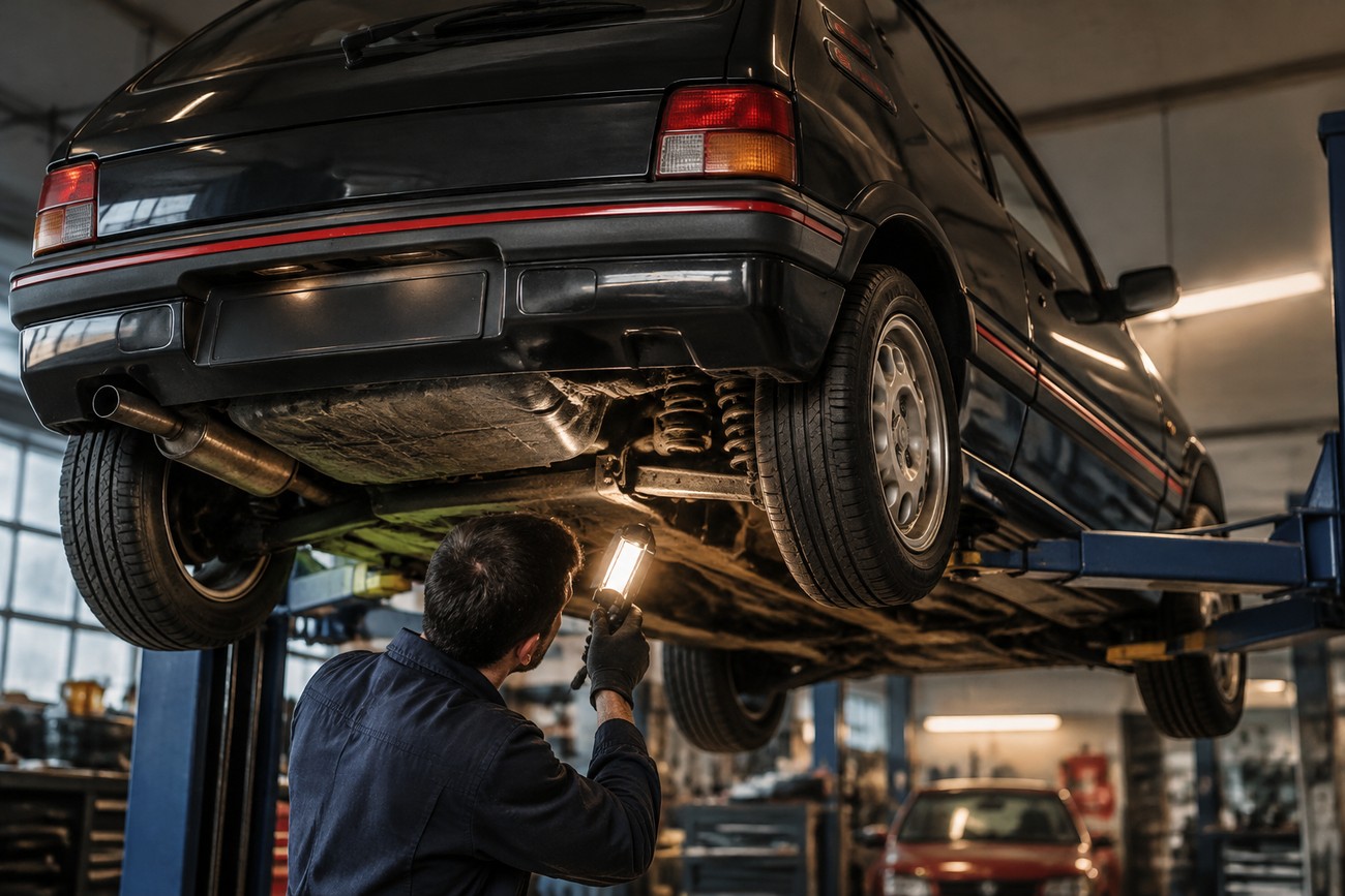 A mechanic inspecting the undercarriage of a black Peugeot 205 GTI raised on a lift in a garage