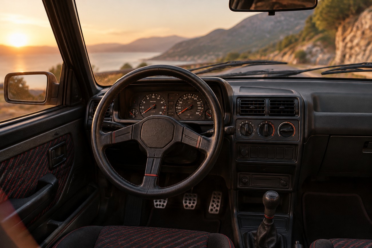 Interior view of a Peugeot 205 GTI showcasing the steering wheel and dashboard with a scenic coastal sunset outside
