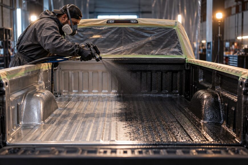A technician wearing a respirator sprays protective black bed liner coating into the back of a pickup truck