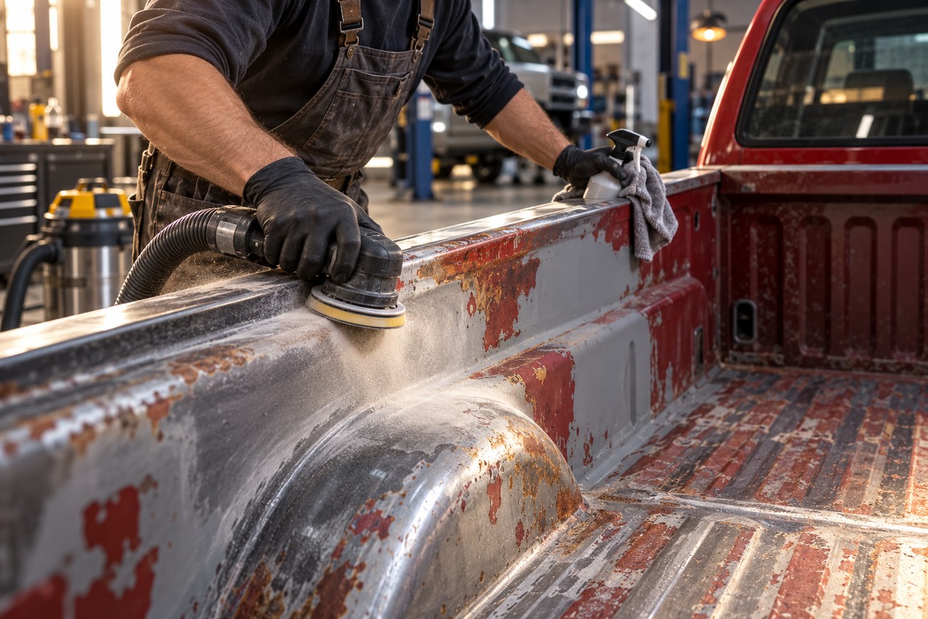 Mechanic wearing overalls and gloves sands a rusty truck bed with a power tool in a workshop