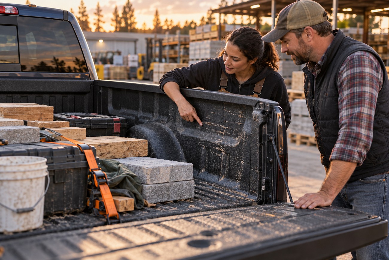 A man and a woman inspecting the textured spray-in bed liner inside a pickup truck