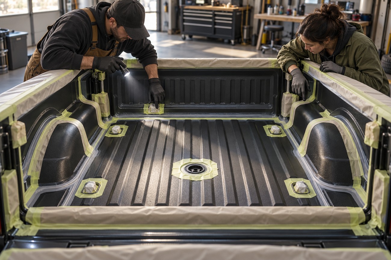 Two workers in a workshop carefully inspect the freshly sprayed black protective coating inside a pickup truck bed using a flashlight