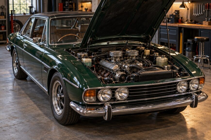A classic dark green Triumph Stag with its hood open revealing the V8 engine inside a garage workshop
