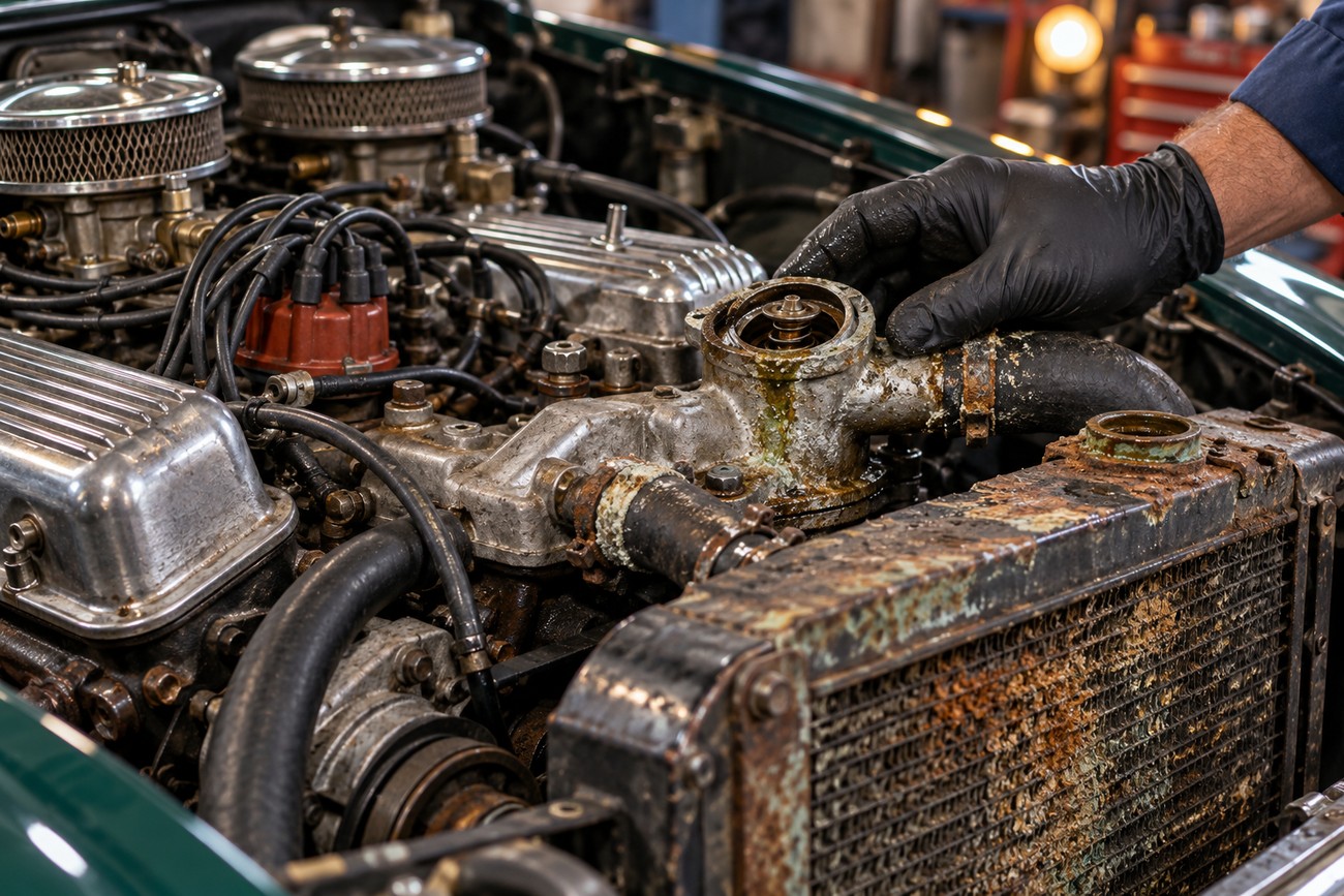 Mechanic in black gloves inspecting the corroded thermostat housing and cooling system on a classic Triumph Stag V8 engine in a garage