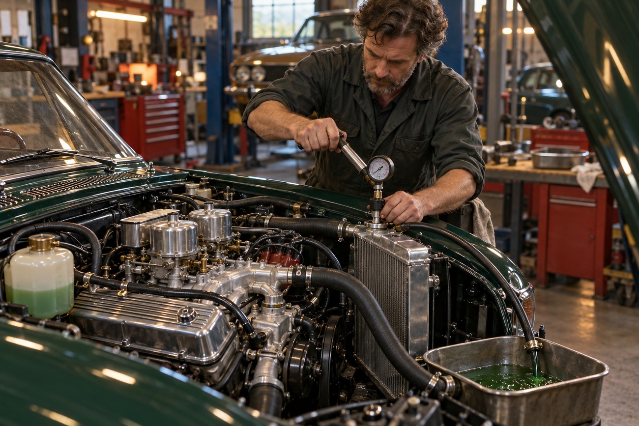 A skilled mechanic using a pressure tester on the radiator of a classic Triumph Stag V8 engine inside an auto repair shop