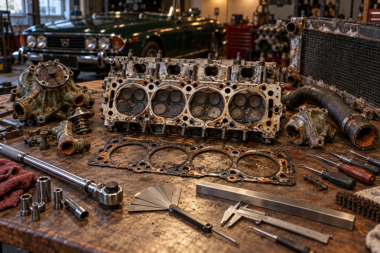 Disassembled Triumph Stag V8 cylinder head and rusty engine parts laid out on a workshop workbench with tools