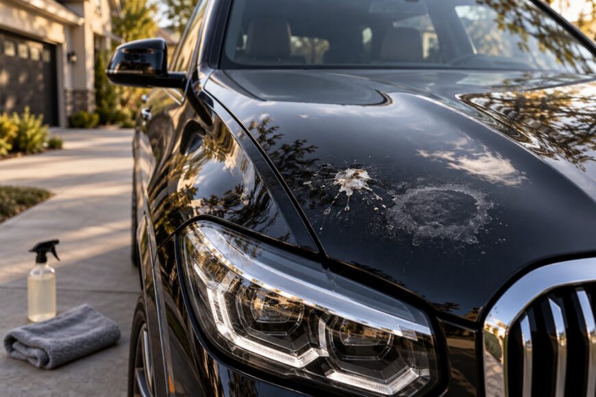 Bird droppings and a paint etch mark on the shiny black hood of a BMW X5 parked in a driveway