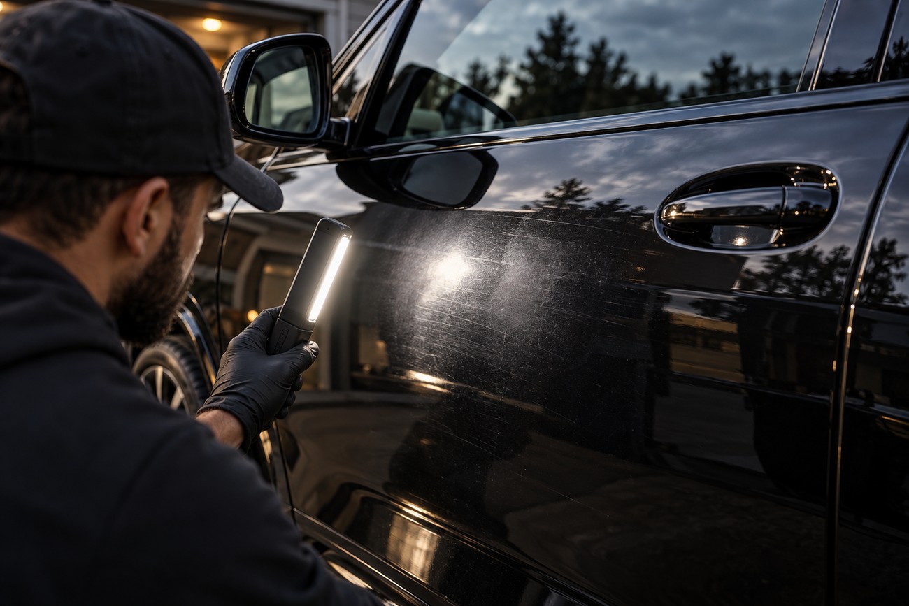 A technician wearing a black glove uses an inspection light to examine bird dropping damage and etching on the glossy black paint of a BMW X5