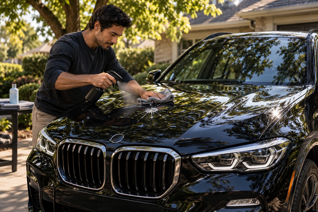 A man cleaning bird droppings from the hood of a black BMW X5 with a spray bottle and microfiber towel