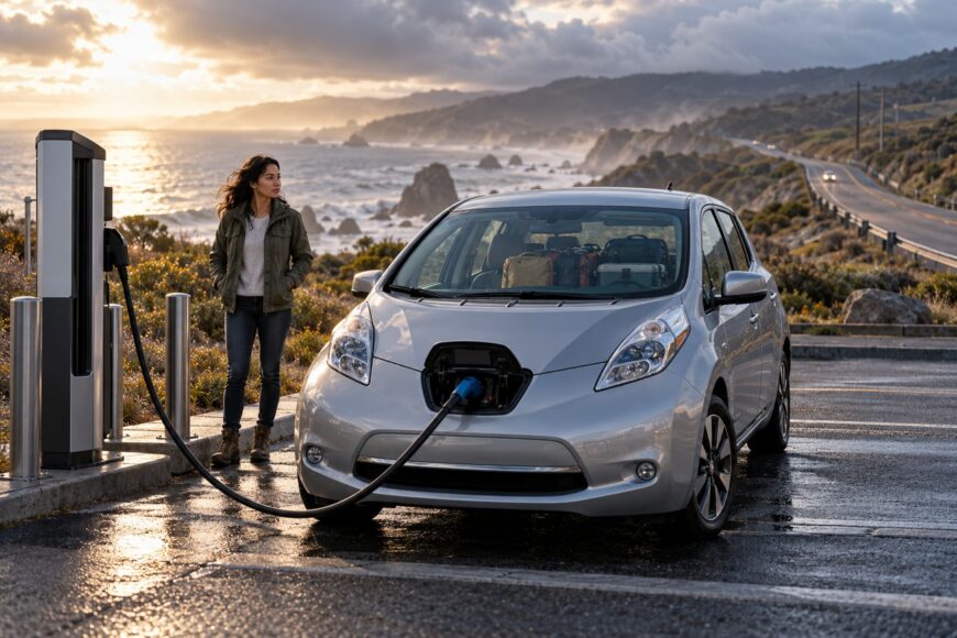 A woman standing by a silver Nissan Leaf plugged into a charging station overlooking the ocean