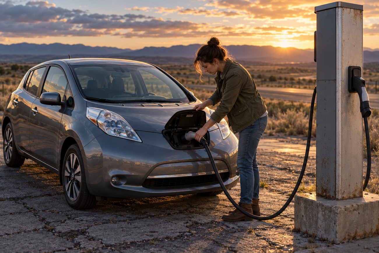 A woman plugs a charging cable into a grey Nissan Leaf electric vehicle at an outdoor charging station during sunset