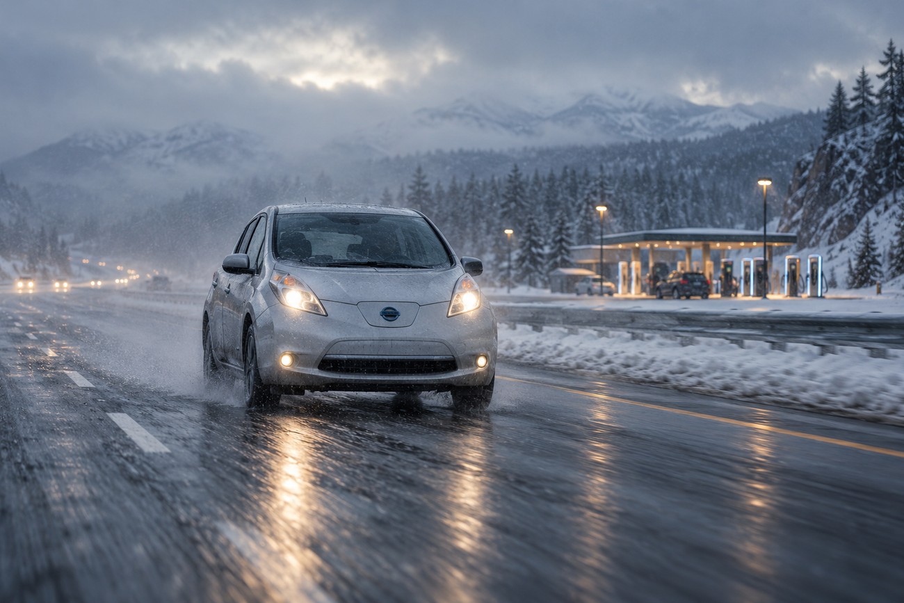 A silver Nissan Leaf drives on a wet snowy highway with mountains and an electric vehicle charging station in the background