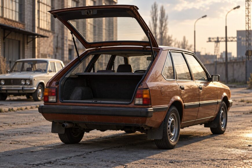 Brown FSO Polonez fastback with an open tailgate parked on an industrial concrete lot during sunset