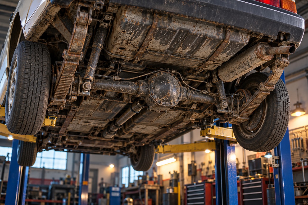 Rusty undercarriage and leaf spring suspension of an FSO Polonez lifted on a hoist in a garage