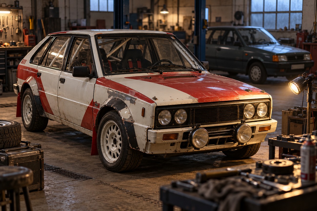 A red and white FSO Polonez rally car with a roll cage parked inside a dimly lit repair workshop with tools in the foreground