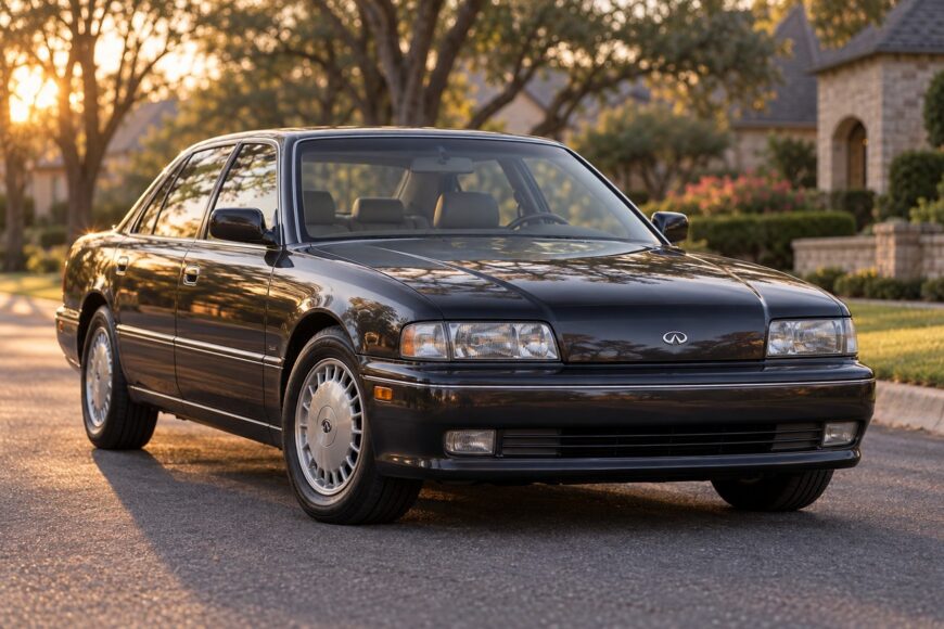 A dark metallic Infiniti Q45 luxury sedan parked on a suburban street during sunset