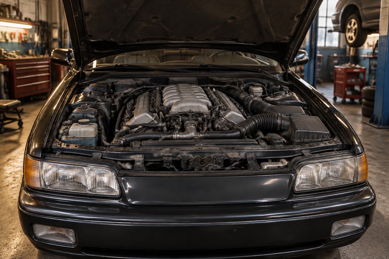 Front view of an Infiniti Q45 luxury sedan with its hood open in a repair shop, highlighting the V8 engine and unique grille-less design