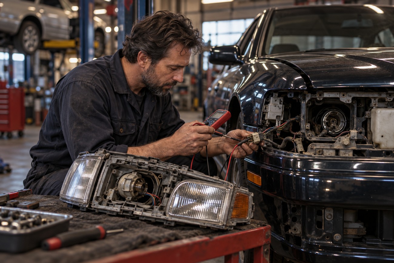A mechanic in a workshop uses a multimeter to test wiring near the headlight of an Infiniti Q45 luxury sedan